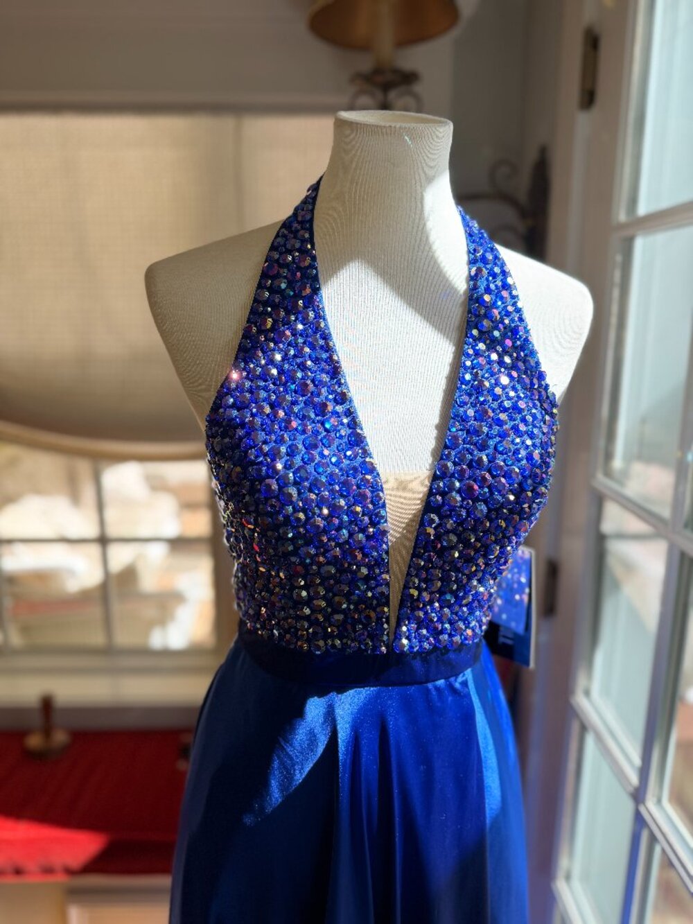 Sherri Hill 51636 Royal Blue Beaded Halter Gown - Size 2 NWT
